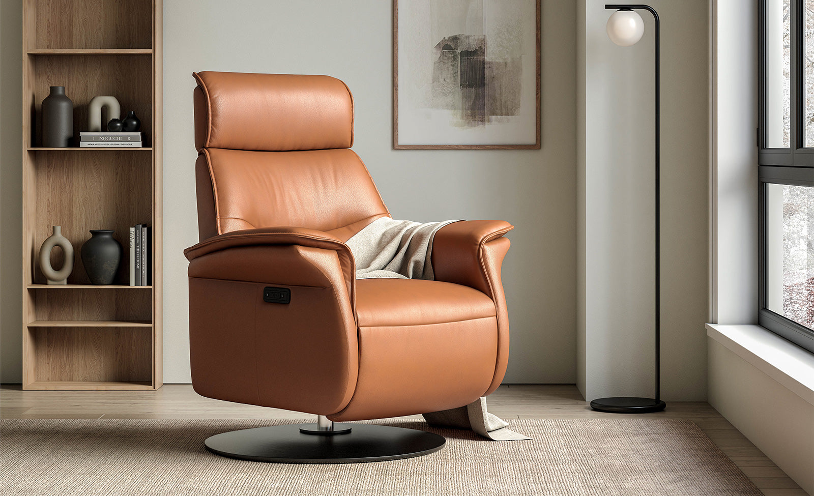 Sedona Advanced Relaxer XL with a throw with a throw on it in a bedroom setting with light coming from the window